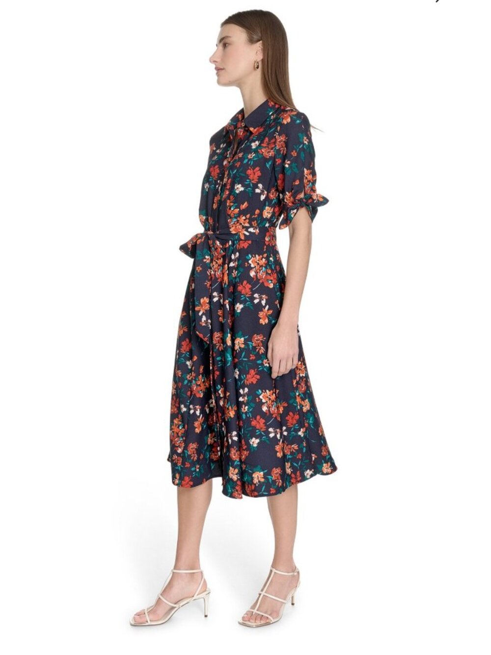 Calvin Klein Floral Belted Midi Dress Navy Orange Green MSRP $139 - Picture 9 of 9